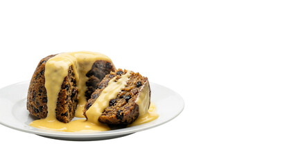 Traditional Christmas pudding with vanilla custard, festive steamed fruit cake on white plate, classic British holiday dessert with brandy sauce isolated PNG with Transparent Background