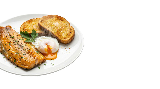 Smoked kipper fillet with poached egg and toasted sourdough bread, traditional British breakfast dish, grilled herring fish with runny egg yolk isolated PNG with Transparent Background