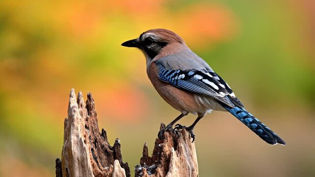 Blue Jay Perched on Wood Stump with Autumn Foliage Background