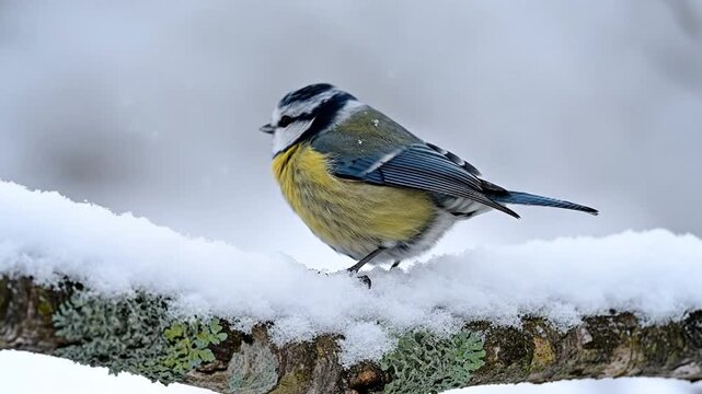 Blue Tit Bird Perched on Snowy Branch Winter Wildlife Close-Up