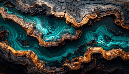 Obraz premium High-resolution abstract texture blending weathered dark wood with liquid teal resin, intricate cracks and organic waves, cinematic lighting, earthy tones, 8k detailed background.