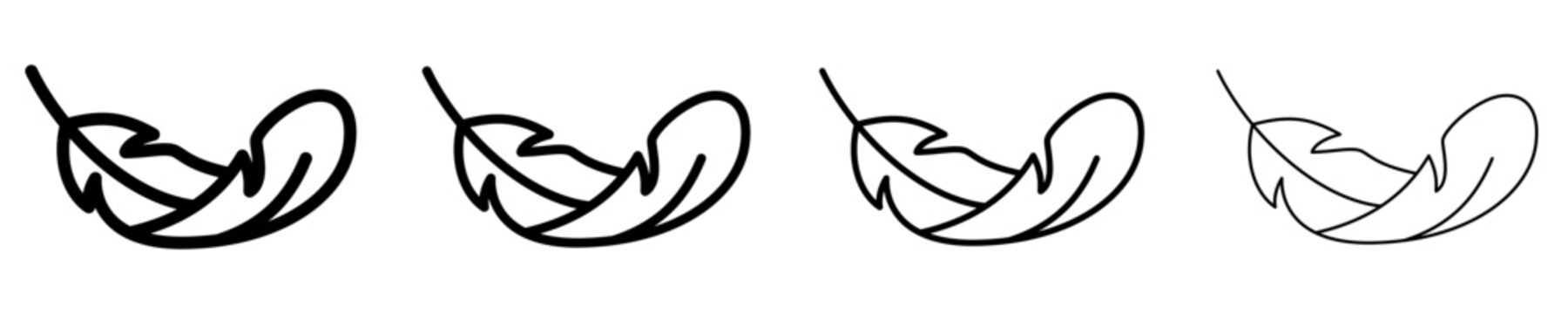 Set of four minimalist contour icons of curved feathers with different line thicknesses, symbolizing flexibility, softness and weightlessness. Vector illustration.