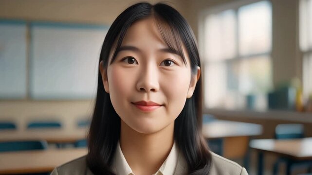Portrait of a young Asian woman, potentially a teacher or student, in a classroom setting, smiling gently