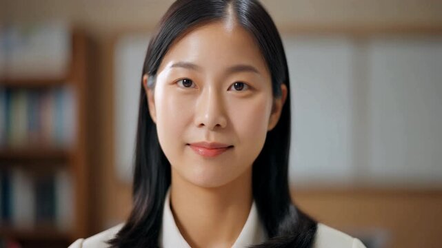 Close-up portrait of a professional and approachable young woman with a gentle smile, looking directly at the camera