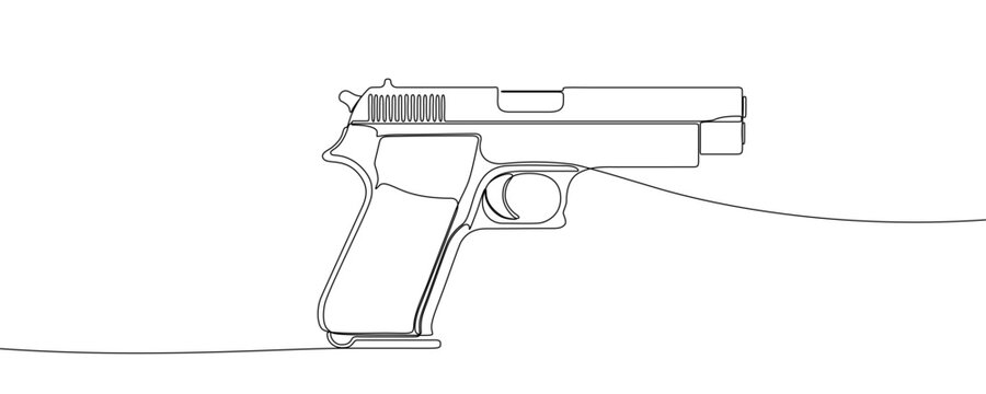 Illustration of a semi-automatic handgun or pistol, made in one continuous line. Minimalist firearm drawing with a black stroke on a white background, vector illustration.