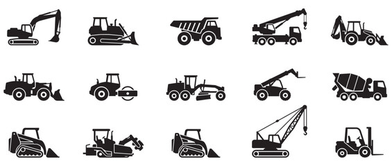 Set of construction machines. Construction transport icons. Collection of black construction vehicle icons including excavators bulldozers cranes and dump trucks isolated on white background. Vector I © Jeremy_Show