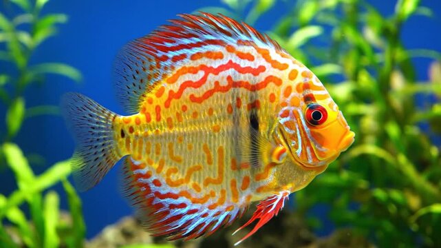 Colorful Discus Fish Swimming in Aquarium with Green Plants Close Up Detail