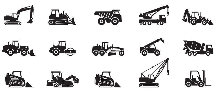 Set of construction machines. Construction transport icons. Collection of black construction vehicle icons including excavators bulldozers cranes and dump trucks isolated on white background. Vector I