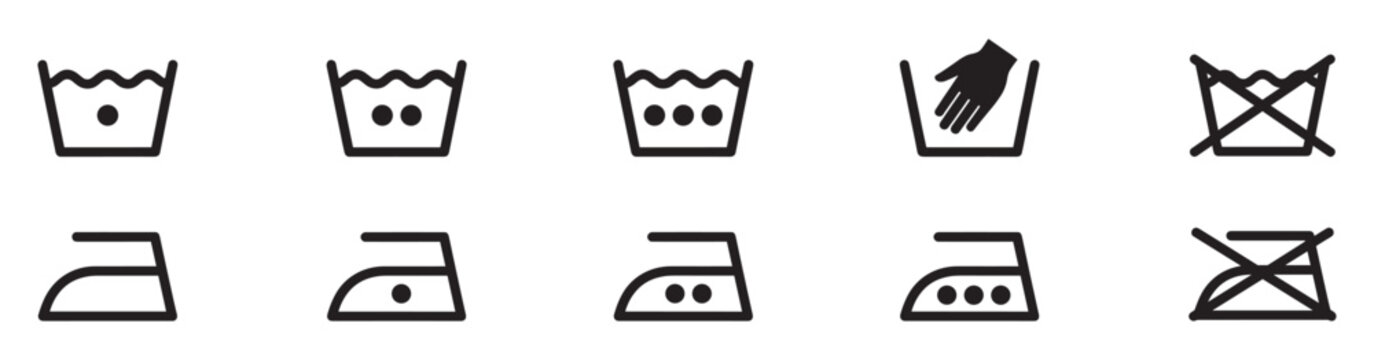 Laundry care symbols and washing instruction icons set for textile labels and garment care. Vector Illustration. EPS 10