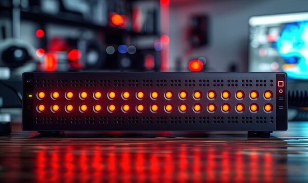 A sleek black server with orange lights in a modern data center