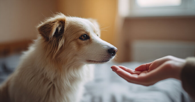Dog interacting with human hand indoors