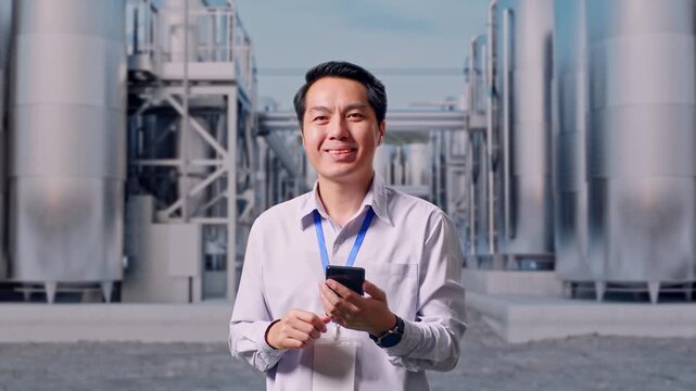Asian Male Worker With His Smartphone at Industrial Chemical Plant with Row of Stainless Steel Storage Silos, He Is Looking At The Camera With A Smile