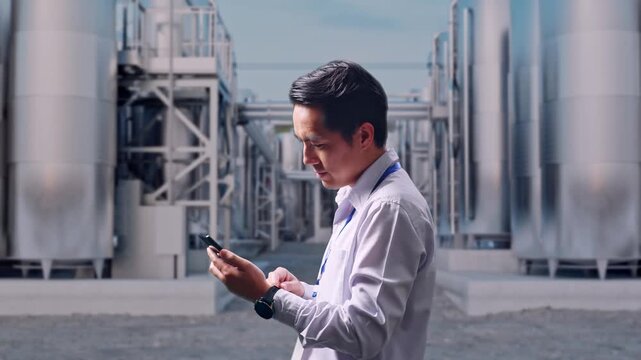Side View Of An Asian Male Worker With His Smartphone at Industrial Chemical Plant with Row of Stainless Steel Storage Silos, Checking On His Smartphone With Meditation