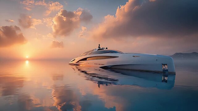 A stunning luxury yacht glides across calm waters at sunset, evoking feelings of aspiration, wealth, and serene escape for travel brochures or upscale