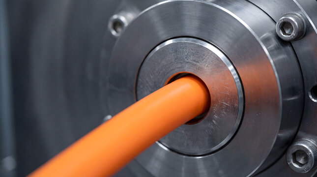 Orange cable extruding from industrial process machine