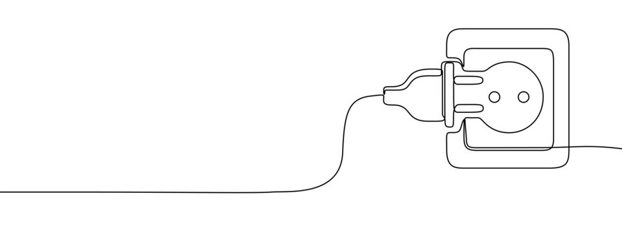 Illustration of an electric plug and socket, made in one continuous line. Minimalistic drawing of power connection in the style of one line art. Vector illustration.