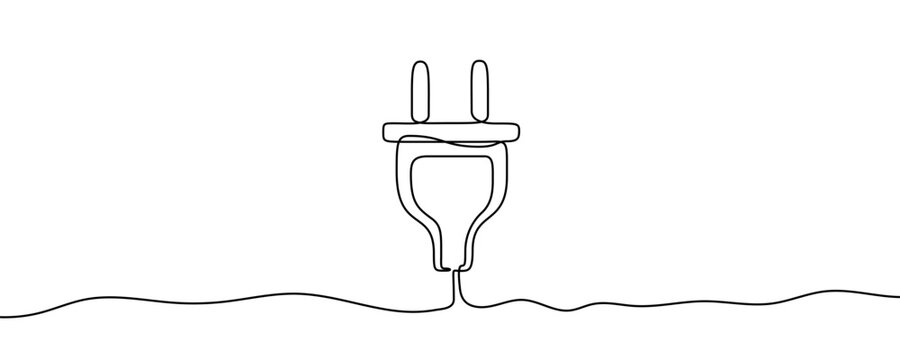 Illustration of an electric plug, made in one continuous line. Minimalistic drawing of a power plug in the style of one line art. Vector illustration.