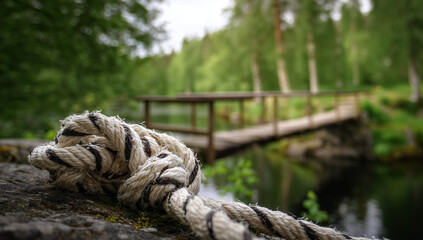 Fototapeta premium close-up of an old rope on a rock with a bridge in the background, and a forest lake in the background.