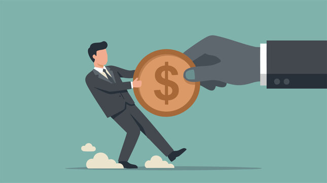 Financial struggle: Businessman resists giant hand taking dollar coin