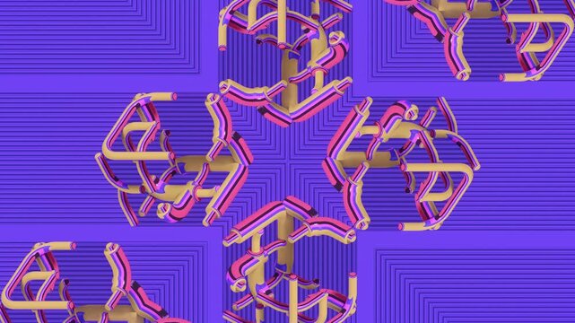 Vibrant kaleidoscopic 3D animation. Golden-pink nodes dynamically change shape on a purple background with a geometric pattern. Seamless loop for bold design projects and VJ sets
