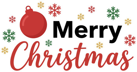 Fototapeta premium A red Christmas ornament and colorful snowflakes surround the festive greeting Merry Christmas in bold black and script red typography holiday celebration season winter gold