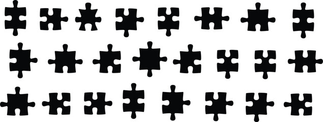 Naklejka premium Jigsaw puzzle piece silhouette collection set, black logic game elements for business solution isolated vector illustration