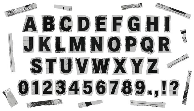 Collection of torn newspaper alphabet letters and numbers with punctuation marks cut out and arranged in a creative layout black white gray grunge distressed font typography