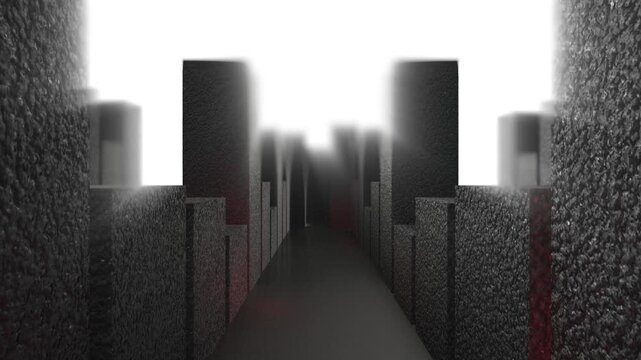 Minimal dark city skyline with dramatic lighting and fog atmosphere