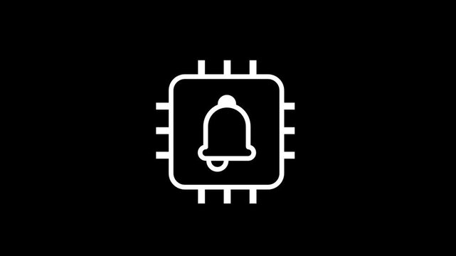 A microchip circuit icon embedded with a bell notification badge representing a hardware system alert, processor event notification, or technology component status update