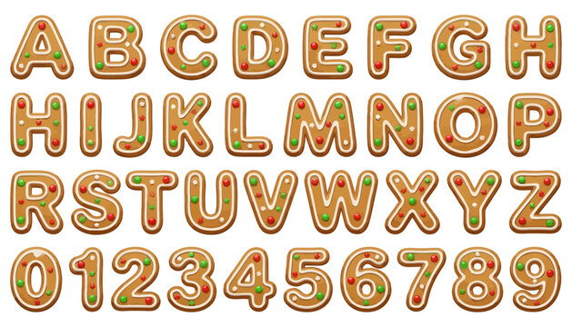 A collection of gingerbread alphabet letters and numbers decorated with white icing and colorful candies in a festive design font cookie holiday Christmas baking sweet decoration