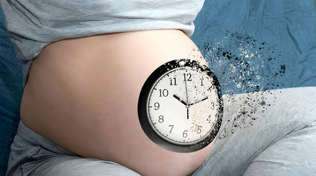 Pregnant Woman Belly with Exploding Clock for Countdown to Birth, Labor Timing, and Maternity Concept