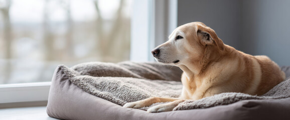 Obraz premium Senior dog resting on cozy bed indoors
