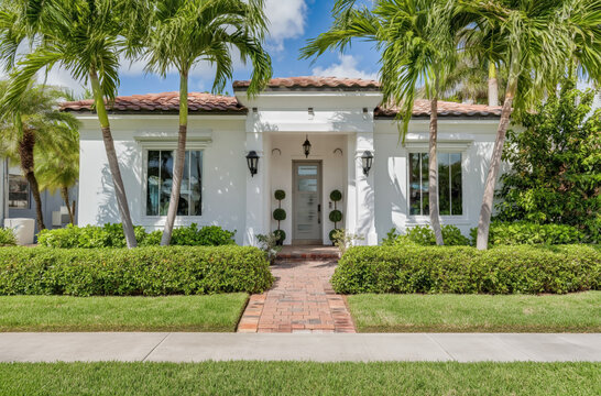 Modern tropical bungalow exterior with palm trees manicured garden and bright facade showcasing luxury residential architecture design