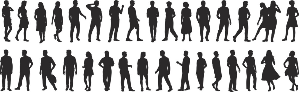 WebDiverse human silhouettes standing poses collection, fashion outlines, design reference, flavector
