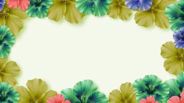 Looping animation of a vibrant floral frame featuring green and yellow flowers forming a decorative border on a soft neutral background. Fresh and elegant flower border design.