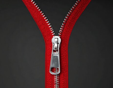 Red zipper partially opened against dark gray backdrop, close-up view