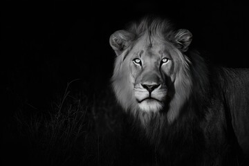 Fototapeta premium A majestic male lion gazes directly at the viewer with intense, luminous eyes