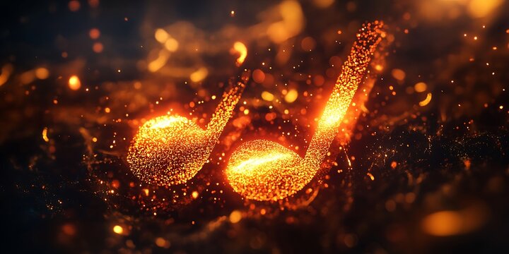 Captivating abstract rendering of two glowing eighth musical notes composed of vibrant orange and yellow particles against a dark, atmospheric background suggesting energy and rhythm.