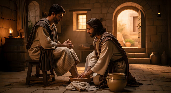 A scene depicts one man washing the feet of another, with a focus on compassion and servitude