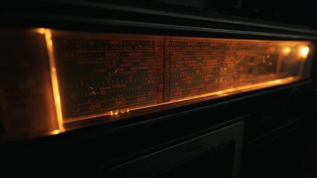 Illuminated vintage analog radio frequency dial glows bright orange in a dark environment. Concept of retro technology, classic audio broadcasting, old media nostalgia, and communication.