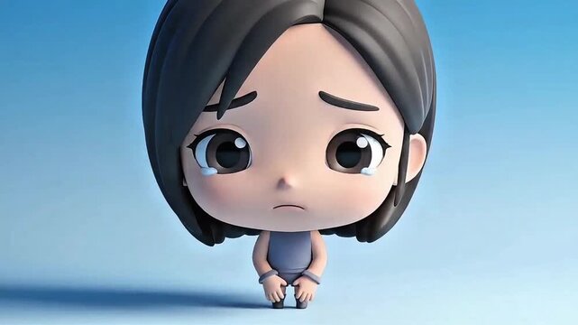 Sad cartoon girl with dark hair.