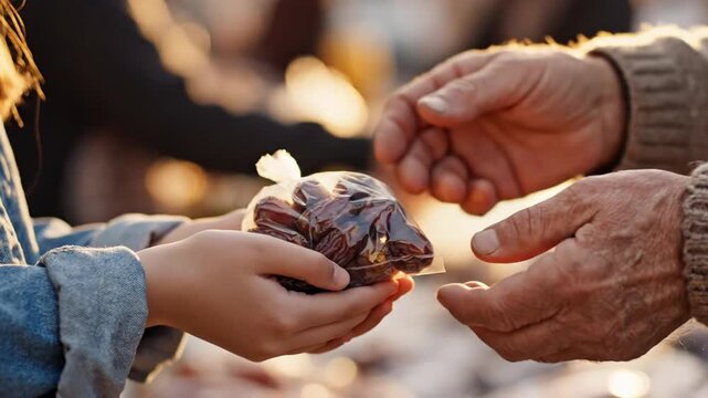Adult hands giving dates to young hands outdoors