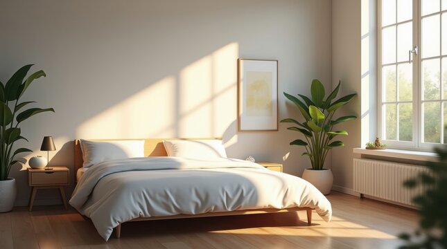 La luz del sol de la ma&ntilde;ana entra en un dormitorio minimalista, creando un ambiente tranquilo