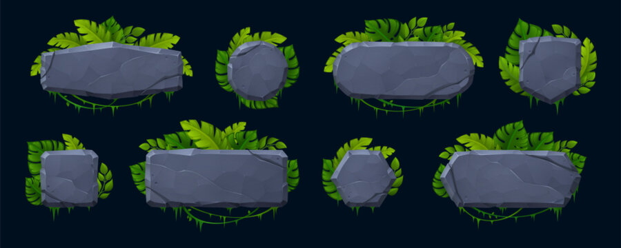 Stone game frame with jungle vines and ancient aztec texture. Cartoon UI elements of rock buttons, boards and fantasy border designs. Tropical leaf decorations with stone tablet panels for RPG menu.