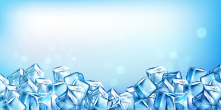 Ice cube border with realistic 3D frozen blocks and cold blue background with sun light bokeh. Transparent crystal pieces with frosty texture for drink ads and summer beverage banner templates.