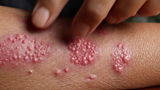 Allergic skin rash human arm with red inflamed patch and small bump, closeup skin irritation with finger touch, red skin rash arm with inflamed patch and small bump, medical skin condition with hand
