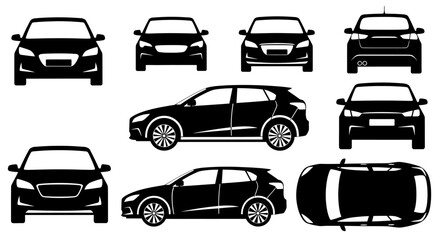 Obraz premium Collection of Black Car Silhouettes: Front, Side, Rear, and Top Views