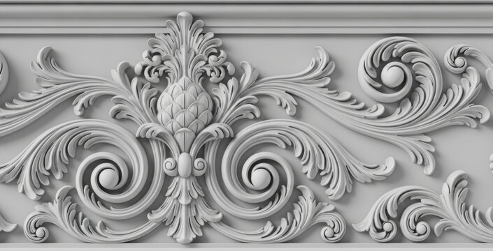 Ornate white plaster molding decorating a wall as a classical frieze for luxury architectural interior design
