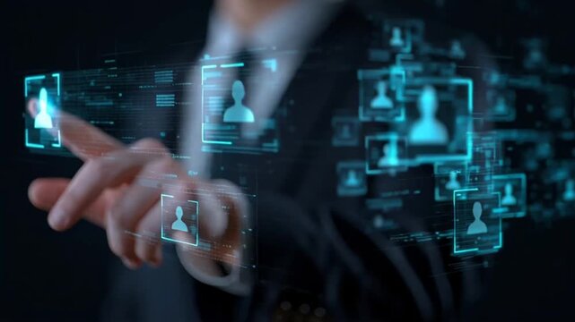 A businessman and woman touch a virtual 3d screen concept representing global digital connection and future technology development in finance and science data software