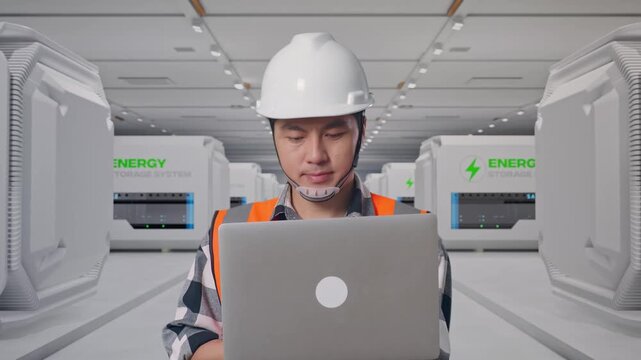 Front View of Asian Male Engineer Use Computer While Walking at Modular Energy Storage Systems in a Clean Modern Data Center